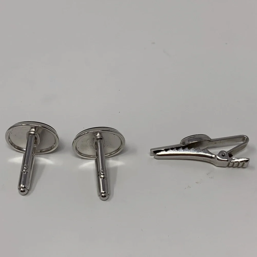 Vintage Black Oval and Silver Tone Quality CufflLinks and Tie Clip Set